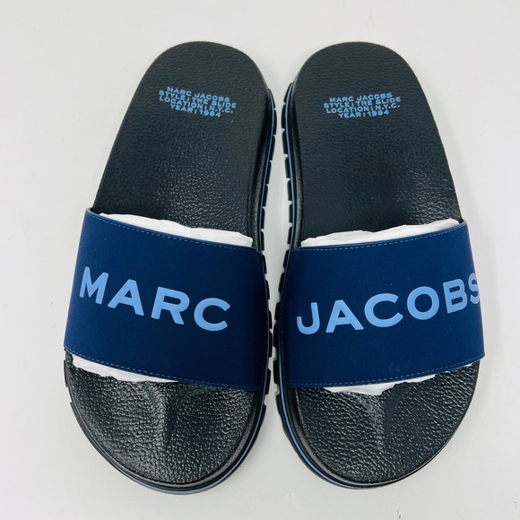 NEW! Marc Jacobs The Slide Logo Embossed Navy Blue - 9 - Picture 4 of 5
